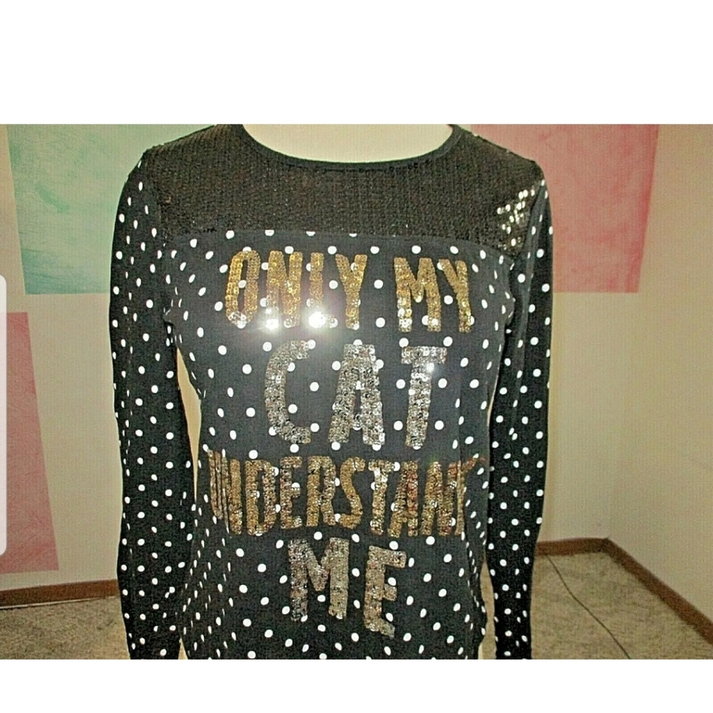 JUSTICE Black White Polka Dot Sequin Stretch ONLY MY CAT UNDERSTANDS ME Shirt 20